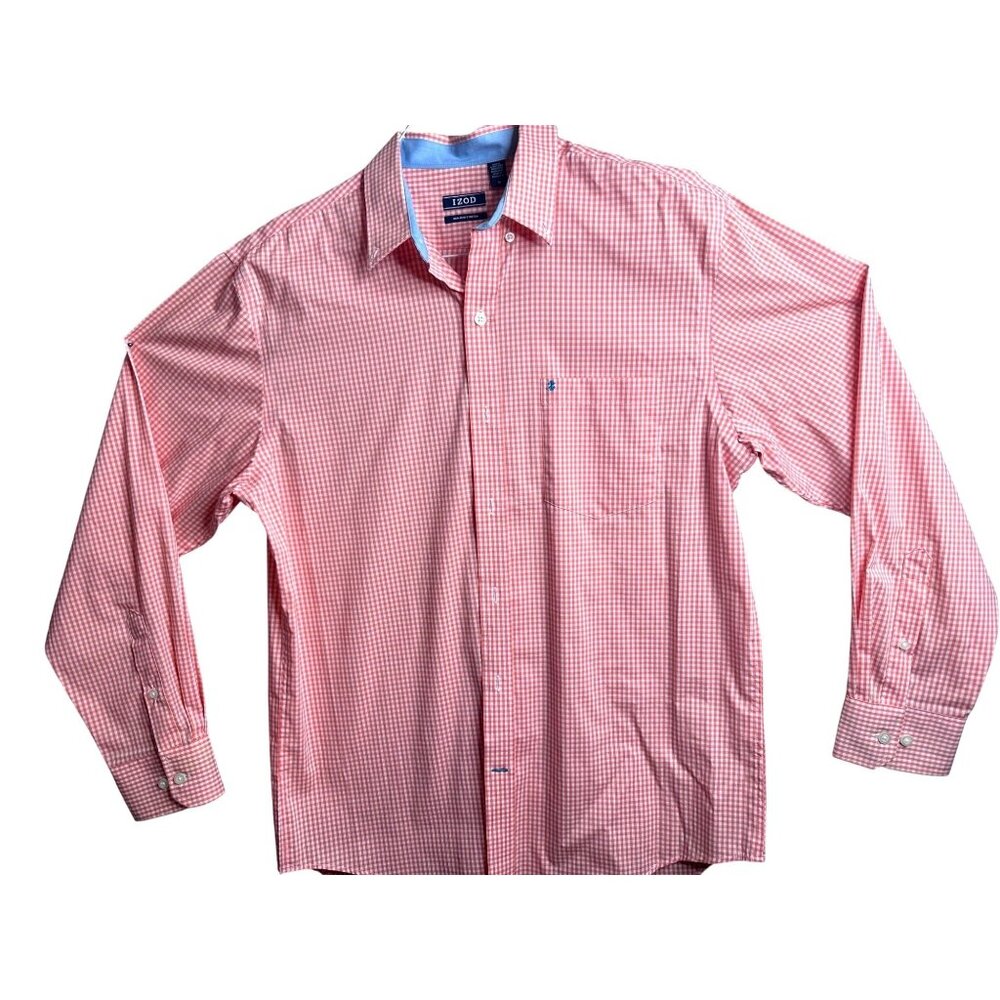 Izod Mens Non-Iron Stretch Orange Checkered Dress Shirt Long Sleeves Easter Med